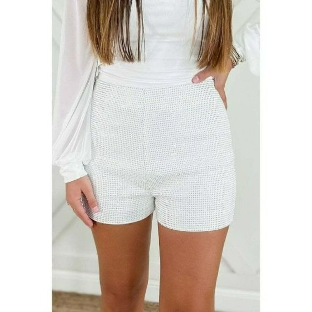 Got A Reputation High Waisted Rhinestone Diamond Shorts in White - Picture 3 of 10